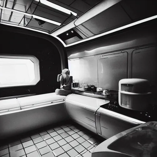 Prompt: “candid photography depicting life aboard a sci-fi spaceship. Kitchen, and common areas. Cozy lighting. Photo taken in the style of a French film”