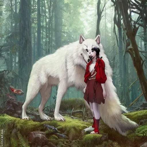 Image similar to Princess Mononoke as a real person ((asian woman with red facepaint)) determined expression, standing next to a giant white wolf, in a forest, by Artgerm,Greg Rutkowski,Alphonse Mucha, 4k resolution, highly detailed