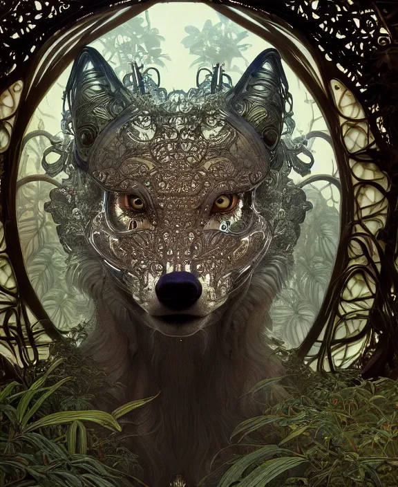 Prompt: exquisite, intricate ornate opulent transparent clear see - through portrait of a terrifying beautiful male alien wolf, mottled coloring, adorable, childlike, overgrown jungle environment, ultra realistic, concept art, art nouveau, photorealistic, octane render, 8 k, unreal engine. art by christopher marley and artgerm and greg rutkowski and alphonse mucha