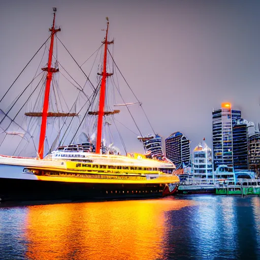 Image similar to fantasy ship sailing through auckland Harbor, futuristic neon