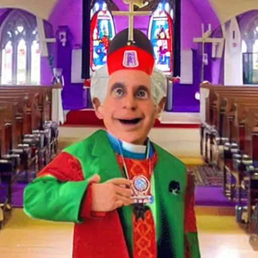 Image similar to Chuck E. Cheese as a priest in a church