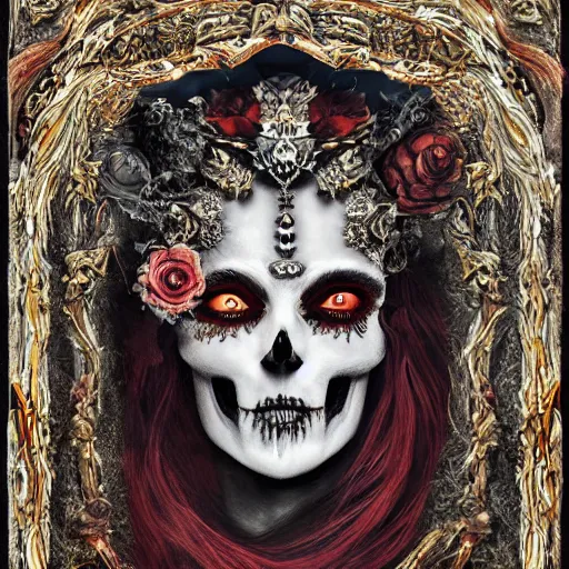Prompt: Persephone, queen of the underworld, oil on canvas, symmetrical features, ominous, magical realism, texture, intricate, ornate, royally decorated, skull, skeleton, whirling smoke, embers, red adornements, red torn fabric, radiant colors, fantasy, trending on artstation, volumetric lighting, micro details, 3d sculpture, ray tracing, 8k