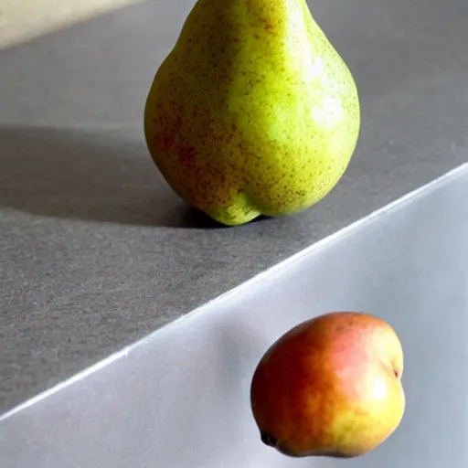 Prompt: a pear sitting on the counter top that is a symbol of capitalism rotting society from the inside out