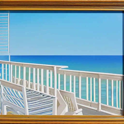 Image similar to a beautiful painting of a sunny day overlooking the beach from a hotel balcony by hiroshi nagai and hirohiko araki, detailed line art