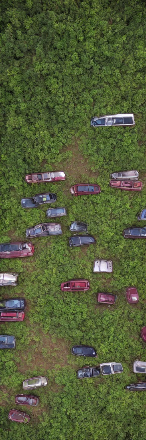 Image similar to a hi 8 footage still of a forest full of abandoned european sedans, coupes and vans with rust damage, broken parts and vegetation.