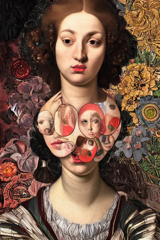 Prompt: Detailed maximalist portrait with large lips and large eyes. 8x HD mixed media, 3D collage, highly detailed and intricate illustration in the style of Caravaggio. colourful matte background