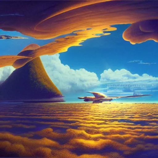 Image similar to beautiful matte painting of golden shores of a blue dreamy ocean, heavenly island in the clouds floating above the ocean, spaceship flying by, towering mountains emerging from the ocean, entrance to a city, sci - fi, daylight, blue sky, cinematic lighting, cinematic perspective, syd mead, john harris, federico pelat