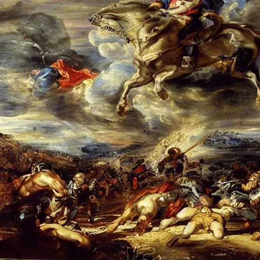 Image similar to A painting of a battlefield, with soldiers fighting and dying, by Peter Paul Rubens