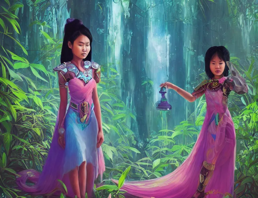 Image similar to southeast asian scifi princess of the cloud forest, wearing a lovely dress with cyberpunk details. this oil painting by the beloved children's book author has an interesting color scheme and impeccable lighting.