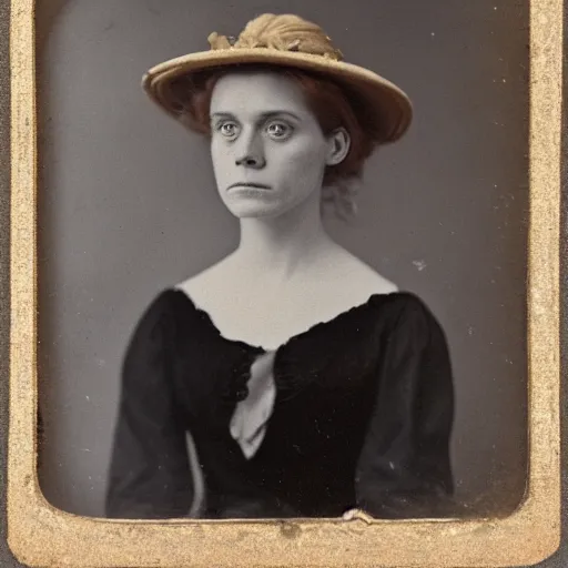 Image similar to a late 1 9 th century, 3 0 years old, austro - hungarian, sullen old maid ( redhead, tight bun, tight bun, straw hat decorated with too big flowers, looks a like amy adams mixed with anne - marie duff, but not pretty, as a strict school teacher ), daguerreotype by emil rabending and robert cornelius