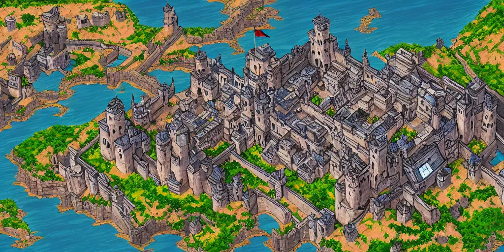 Prompt: Beautiful rectangular walled city state with castle at the top. In style of Lee Myung-jin, Korean MMORPG, manhwa, Ragnarok Online, epic, professional art, digital art, 8K, view from above.