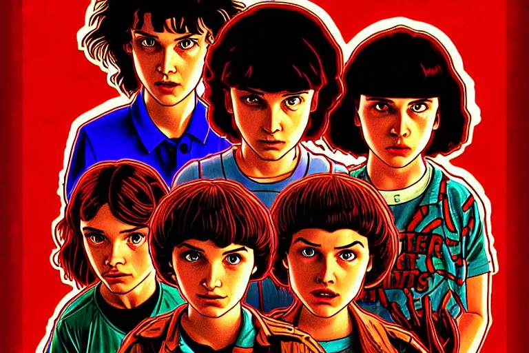 Prompt: closeup shot from the animated version of Stranger Things by Matt Groening, cartoon, detailed faces, high resolution, hyper detailed, intricate, illustrated, dramatic lighting, illustration, artstation, concept art, smooth, sharp focus, art by Alphonse Mucha and Matt Groening !n-9