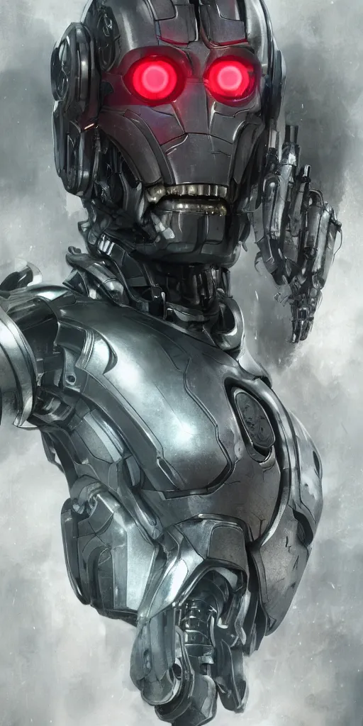 Image similar to cyborg, borg, android, strogg, face of a man, body of a robot, droid, robocop, cable, victor stone, ultron, terminator, machine, flesh, quake, doom demon, wolfenstein, monster, octane render, from an anime movie, symmetry, symmetrical, concept art by ruan jia and greg rutkowski