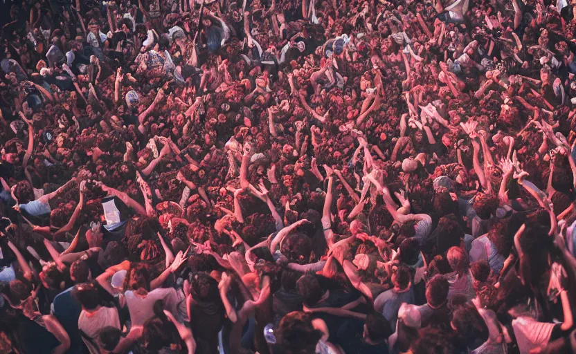 Image similar to medium overhead view picture of a moshpit during a rock concert with red liquid being spelt all over the crowd, Cinestill 800t 18mm, heavy grainy picture, very detailed, high quality, 4k panoramic, HD criterion, dramatic lightning