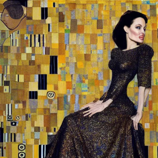 Image similar to an amazing award winning photo of angelina jolie as of adele bloch - bauer by gustav klimt