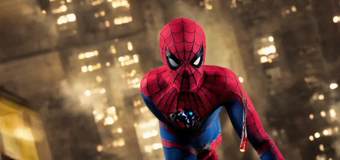 Image similar to Jesse Pinkman as Spider-Man, film still, wide-shot, full shot, cinematic lens, heroic portrait