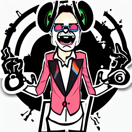 Image similar to svg vector sticker of absolutely insane-mad-scientist-villain, rocking out, wearing headphones, huge speakers, dancing, rave, DJ, spinning records, digital art, amazing composition, rule-of-thirds, award-winning, trending on artstation, featured on deviantart