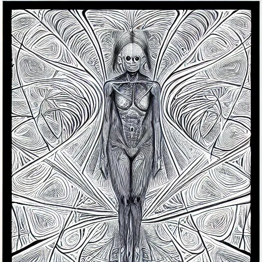 Prompt: painting of a human body connecting with the universe in the style of Alex Grey. black and white, detailed, fractals, sharp