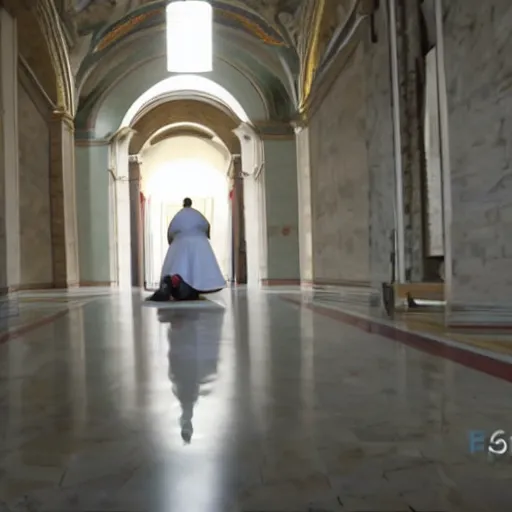 Prompt: the pope doing a back flip in an empty hallway