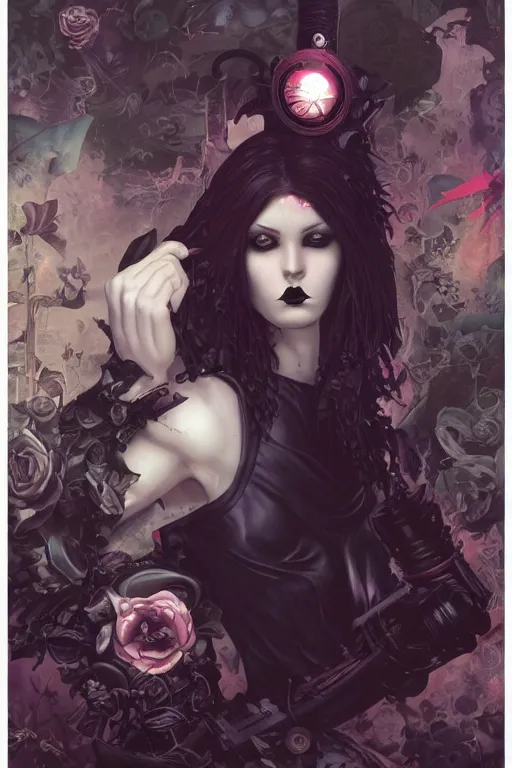 Image similar to goth guy, cluttered 9 0 s bedroom, by artgerm, james jean, tom bagshaw, gerald brom, vaporwave colors, lofi colors, vaporwave, lofi, goth vibe, 4 k, smooth, hd, substance designer render, full body character concept art, symmetrical,