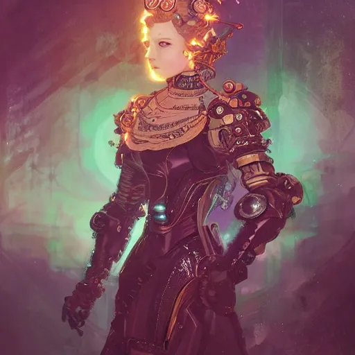 Image similar to portrait futuristic queen elizabeth steampunk half - cyborg, neon light rooftop, fantasy, intricate and very very beautiful and elegant, highly detailed, digital painting, artstation, concept art, smooth and sharp focus, illustration, art by tan zi and ayanamikodon and alphonse mucha and wlop