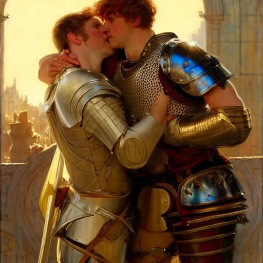 Image similar to attractive arthur pendragon and his attractive male knight, they are in love, natural lighting, path traced, highly detailed, high quality, digital painting, by gaston bussiere, craig mullins, alphonse mucha j. c. leyendecker