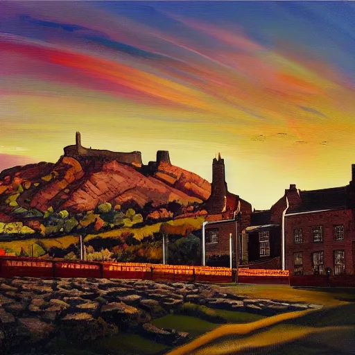 Prompt: a beautiful painting of Holyrood Distillery and Arthur's Seat in Edinburgh, brick building, golden hour, copper stills, whisky, trending on artstation