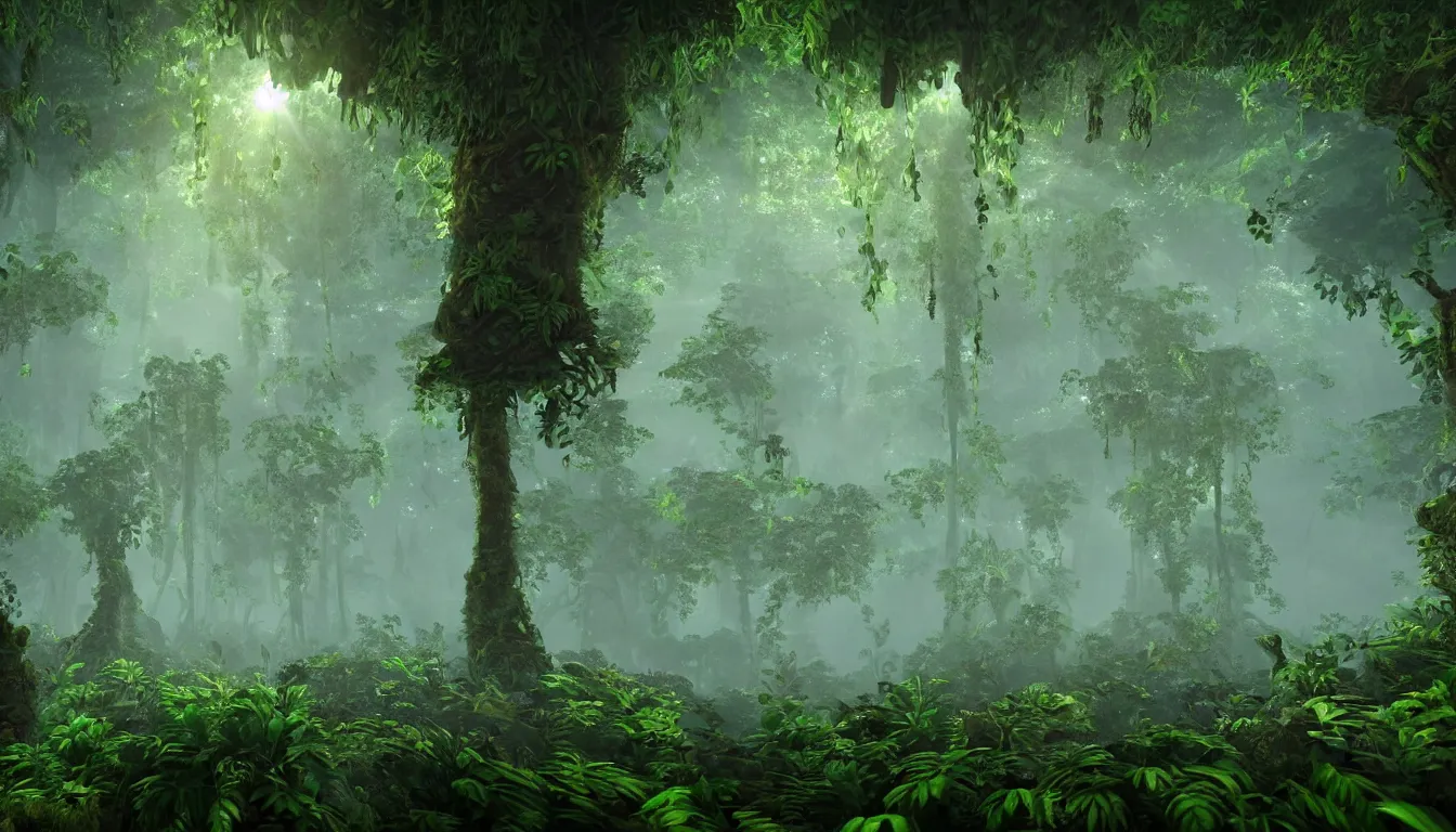 Prompt: deep jungle forest realm biodiversity , side-scrolling 2d platformer game level, swirling clouds of magical mist through the trees, small chunks of forest soil floating like islands between the tree trunks, dramatic dusk sun illuminates areas , volumetric light , detailed entangled roots carpet the forest floor, rich color , upscale , 8k