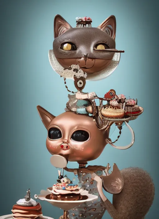 Image similar to closeup face profile portrait of a tin toy cat eating cakes, depth of field, zeiss lens, detailed, symmetrical, centered, fashion photoshoot, by nicoletta ceccoli, mark ryden, lostfish, breathtaking, 8 k resolution, extremely detailed, beautiful, establishing shot, artistic, hyperrealistic, octane render