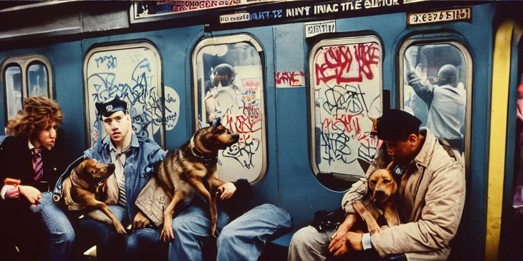 Image similar to new york subway cabin 1 9 8 0 s inside all in graffiti, 1 9 8 0 s policeman with the k - 9 dog, coloured film photography, christopher morris photography, bruce davidson photography