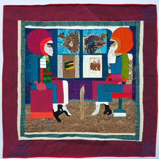 Prompt: folk art quilt showing a twitter argument, museum of modern art, new york