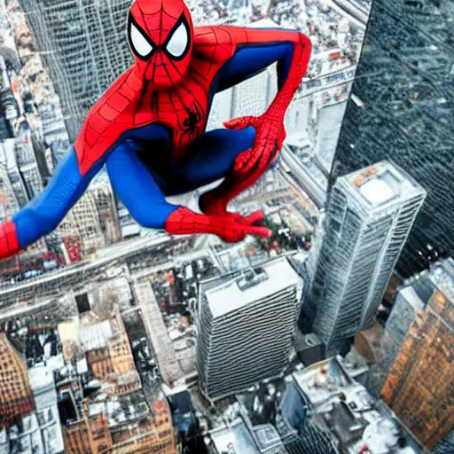 Prompt: spiderman swinging through the city, seen from below, far away, blurry photo, 2 0 1 0