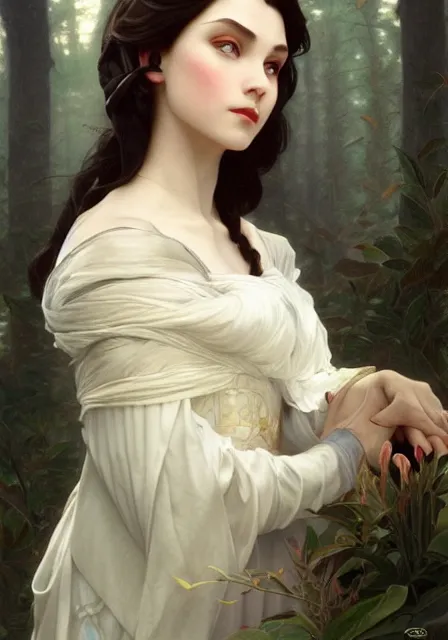 Image similar to snow white, intricate, elegant, highly detailed, digital painting, artstation, concept art, smooth, sharp focus, illustration, art by artgerm and greg rutkowski and alphonse mucha and william - adolphe bouguereau