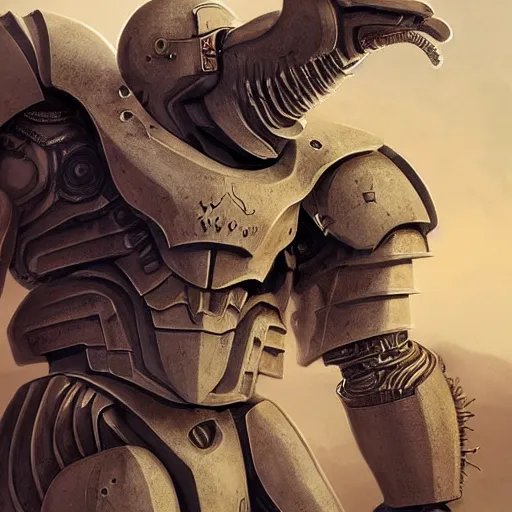 Image similar to majestic, hulking albino clone with engineering diagram tattoos on forehead and rough features, angular steel aztec power armor, on battlefield with strange coiled, spiral clouds, concept art by deak ferrand, greg rutkowski and carvaggio