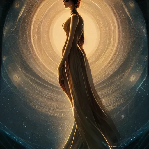 Image similar to scifi, illustration, slender symmetrical face and body, artstation, cinematic lighting, hyperdetailed, cgsociety, 8 k, high resolution, in style of charlie bowater, tom bagshaw, insanely detailed and intricate, beautiful, elegant, golden ratio, dark fractal background, vfx, art deco, postprocessing