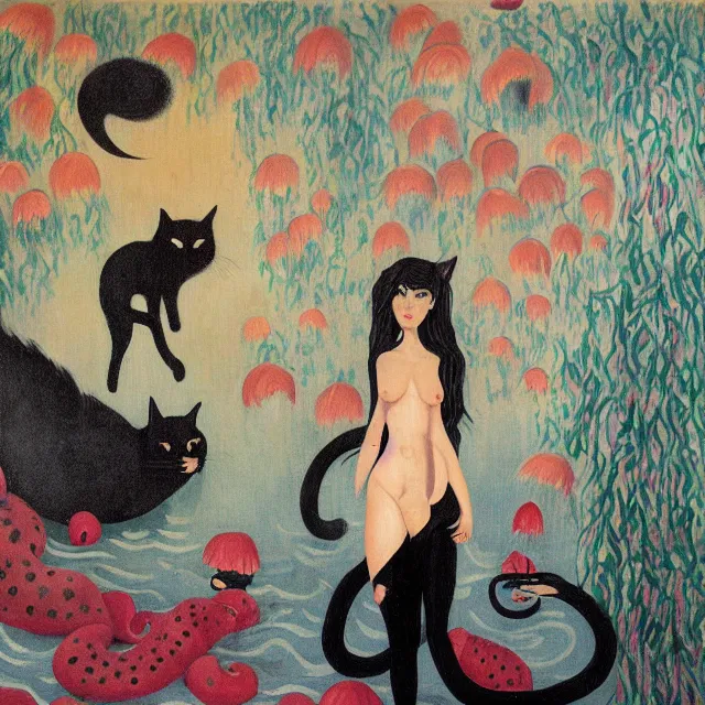 Image similar to tall female catgirl artist holding a black cat in her flooded apartment, pomegranates, octopus, water gushing from ceiling, painting of flood waters inside an artist's apartment, a river flooding indoors, mushrooms, ikebana, zen, rapids, waterfall, black swans, canoe, berries, acrylic on canvas, surrealist, by magritte and monet