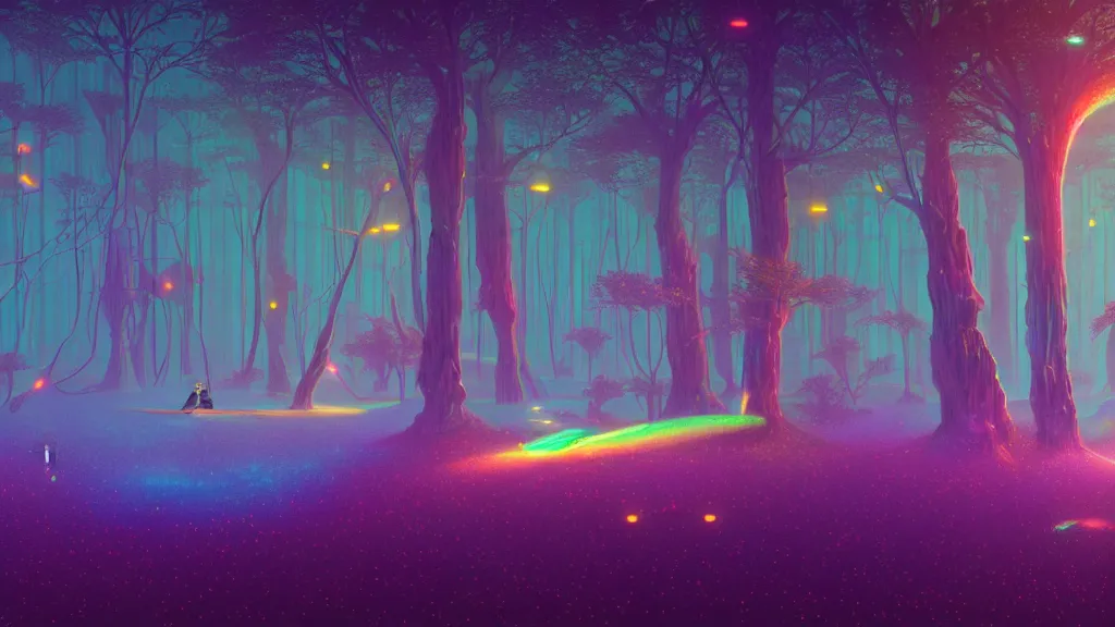 Prompt: highly detailed holographic iridescent glowing ethereal sci fi world with forests, deserts, prismatic fireflies, fog at dusk, by gilbert williams, by simon stalenhag, by beeple, by bruce pennington, by moebius, octane render, with many different pastel shades of blue pink orange yellow green, beautiful volumetric lighting