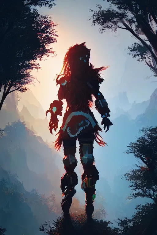 Image similar to combination suit armor aloy horizon forbidden west horizon zero dawn radiating a glowing aura global illumination ray tracing hdr fanart arstation by ian pesty and alena aenami artworks in 4 k tribal robot ninja mask helmet backpack