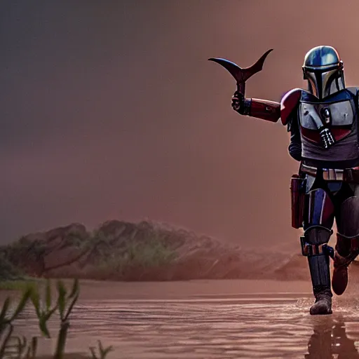 Image similar to mandalorian carrying grogu through swamp, stunning cinematography, light diffusion