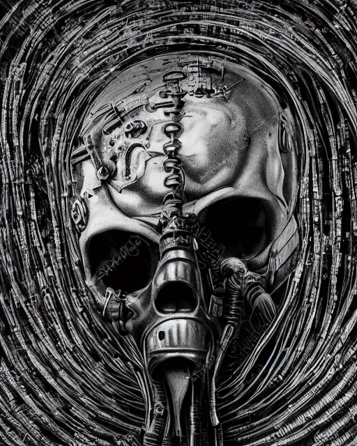 Prompt: dark scary atmospheric detailed outsider cyberpunk dark black skull with mechanical wires and smoke from the netherrealm wearing a gas mask by hr giger and alex grey