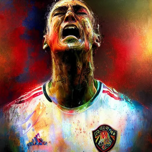 Prompt: A realistic hyperdetailed multi-colored digital oil full body portrait painting of a goal keeper crying on a soccer field in the style of Guy Denning, Ruan Jia, and Craig Mullins. Trending on ArtStation and DeviantArt. CGSociety Digital art.
