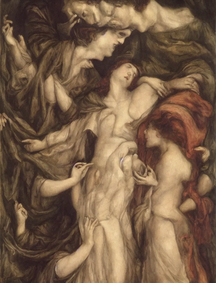 Prompt: Rossetti's inspiration for this painting was the 'Vita Nuova' (New Life), the Italian poet Dante's account of his idealised love for Beatrice, and of her premature death. The death of Beatrice is symbolised by a sudden spiritual transfiguration. A bird, a messenger of death, drops a white poppy between her open hands. The sundial's shadow rests on the figure nine, the number Dante connects mystically with Beatrice and her death. In the background the shadowy form of Dante gazes towards the figure of Love. Rossetti saw this work as a memorial to his wife, Elizabeth Siddall, who had died in 1862.