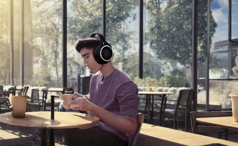 Image similar to a male teenager with headphones in a cafe sitting in front of a table with a coffee, digital painting, masterpiece, digital art, concept art, octane render, unreal engine 5, trending on deviantart, highly detailed, high quality, 4 k, cartoon, high coherence, realistic, anatomically correct, five fingers, relaxing, realistic and detailed face, beautiful, elegant