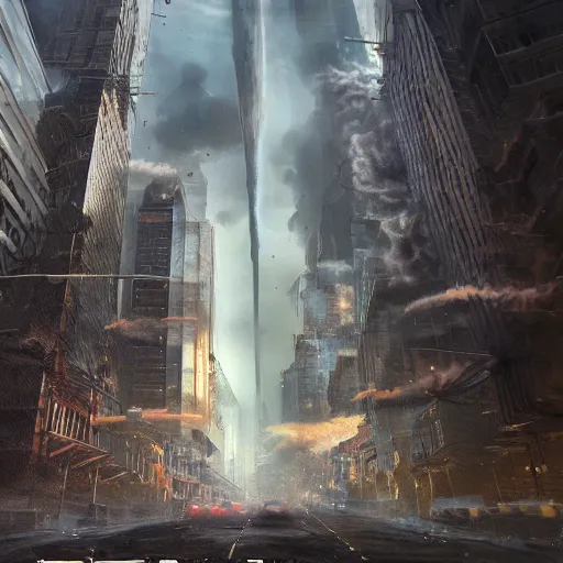 Prompt: giant 500 foot tall man destroying the city, matte painting, concept art, 4k