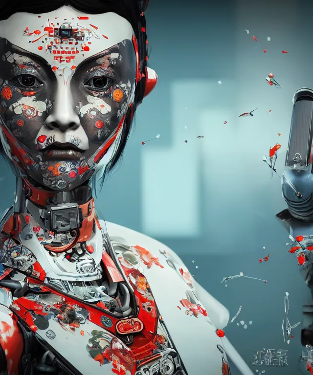 Image similar to an epic fantastic realism comic book style portrait painting of a japanese robotic geisha with kanji tattoos and decals, apex legends, octane render, intricate detail, 4 k hd, unreal engine 5, ex machina, irobot