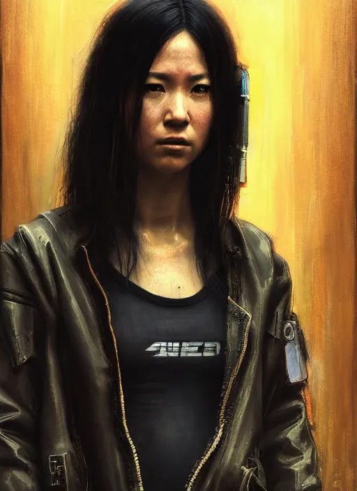 Image similar to Nikki Tanaka. Cyberpunk mechanic in jumpsuit (blade runner 2049, cyberpunk 2077). Orientalist portrait by john william waterhouse and James Gurney and Theodore Ralli and Nasreddine Dinet, oil on canvas. Cinematic, hyper realism, realistic proportions, dramatic lighting, high detail 4k