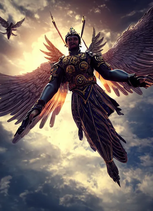 Image similar to archangel micheal flying in sky by huang guangjian, taekwon kim rostbite 3 engine, cryengine, dof, trending on artstation, digital art, chanel, dior, fantasy and detailed and intricate background