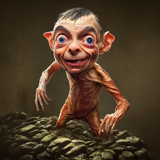 Prompt: Very very very very highly detailed epic central composition photo of Mr Bean as Gollum face, intricate, happy colors, extremely detailed, digital painting, smooth, sharp focus, illustration, intimidating lighting, incredible art by Brooke Shaden, artstation, concept art, Octane render in Maya and Houdini