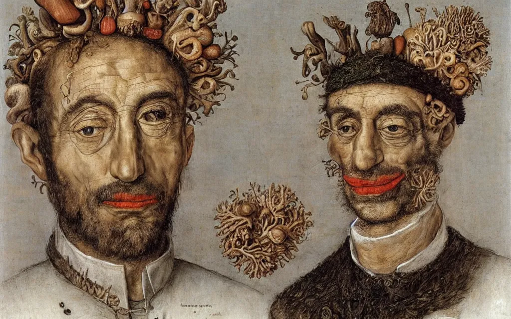 Image similar to giuseppe arcimboldo's portrait of captain jacques - yves cousteau made out of mushrooms fishes