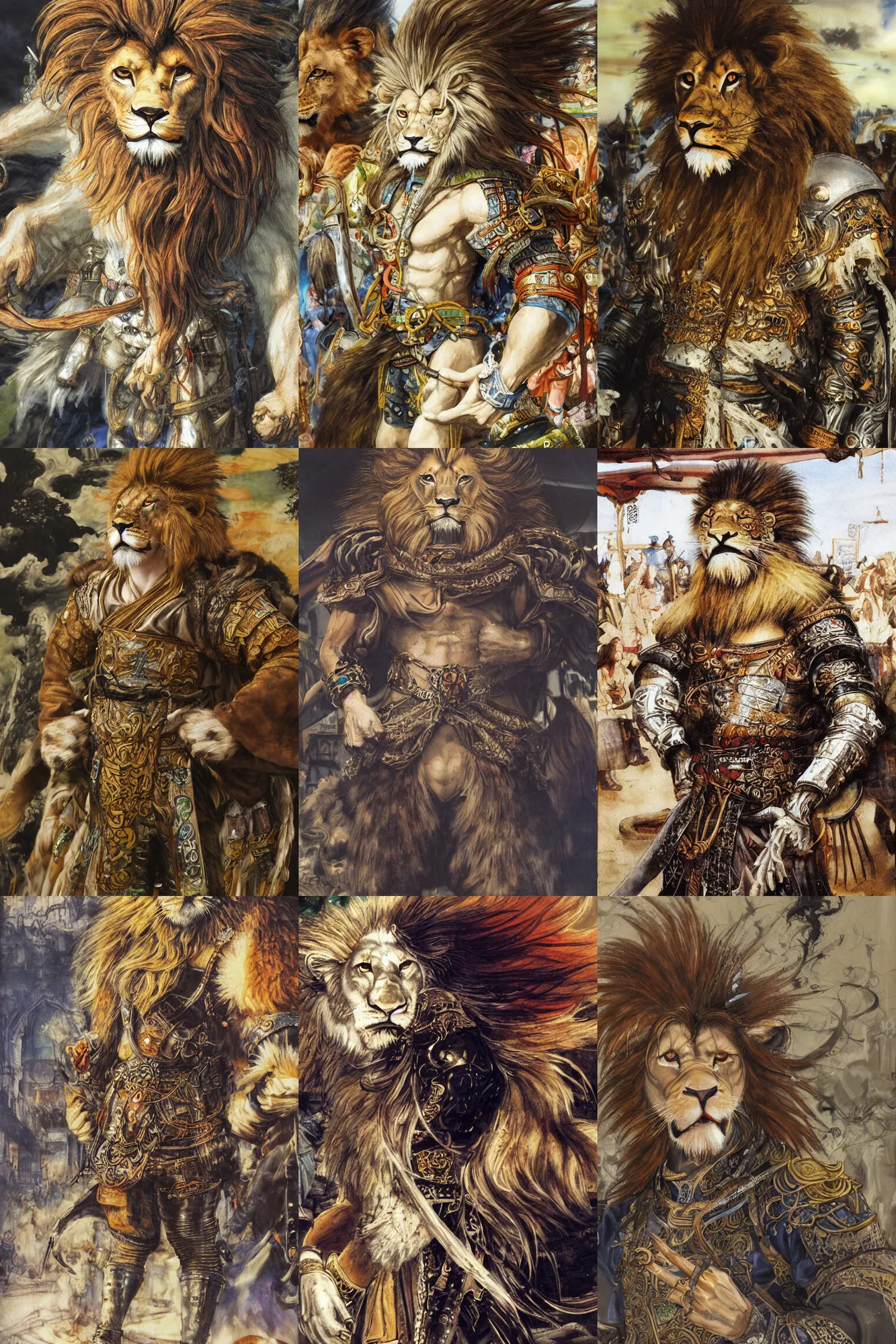 Image similar to 8 k yoshitaka amano painting of upper body of a young cool looking lion beastman with white mane at a medieval market at windy day. depth of field. he is wearing complex fantasy clothing. he has huge paws. renaissance style lighting.